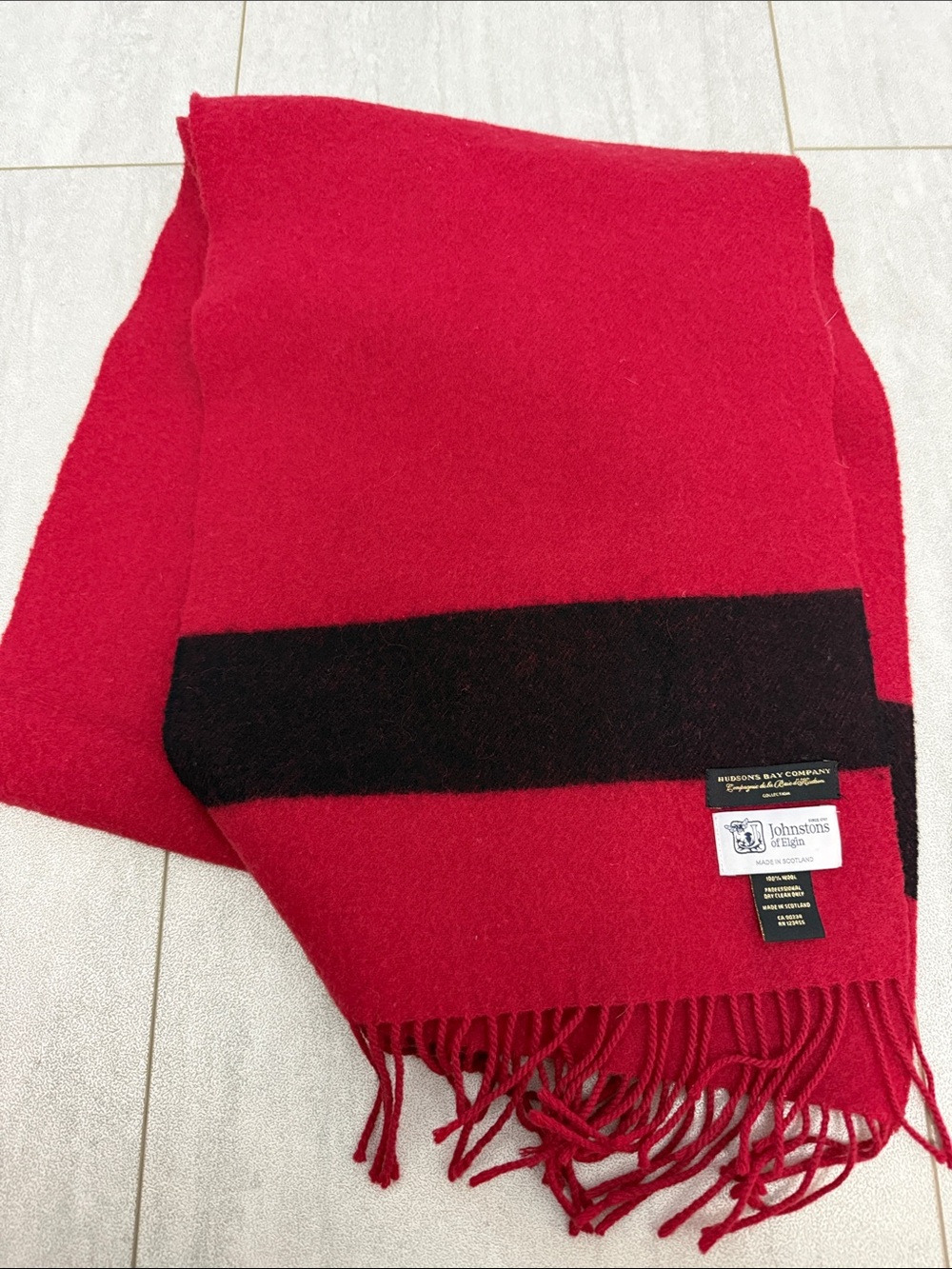 Johnstons of Elgin Bright Red Wool Scarf with Black Band
